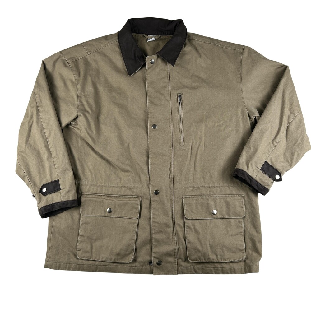 Vintage Canvas Field Jacket Mens Large Cotton Leather Collar Lined Zip Pockets